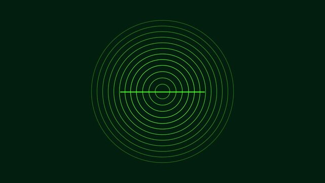 Green radar screen scanning motion with concentric circles and rotating line animation 4k sonar