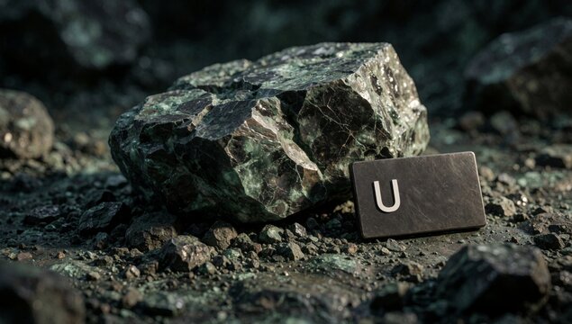Large rock small rectangular block letter appears made dark material possibly stone metal covered pebbles grav