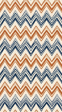 Seamless chevron pattern with geometric zigzag lines in blue, terracotta and beige colors, textile and wallpaper design concept