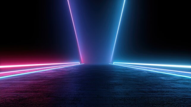 3d technology abstract neon light background, empty space scene, spotlight, dark night, virtual reality, cyber futuristic sci-fi background, street floor studio for mock up. colored geometric
