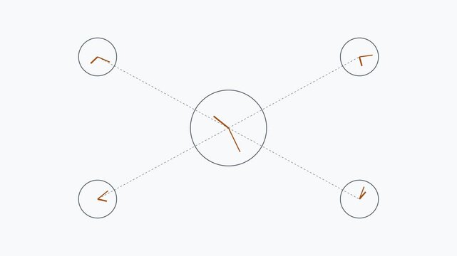 Minimalist clock animation with rotating hands and time zones concept for business and productivity projects 4k