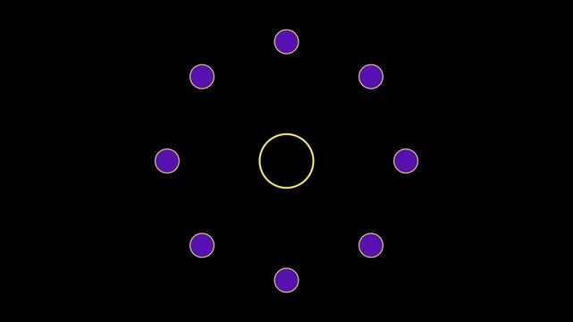 Minimalist geometric motion with rotating purple circles and central ring on animation 4k black background