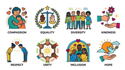 Fototapeta premium Diversity, Inclusion, Kindness, Unity, Hope, Respect, Equality, Compassion Icons