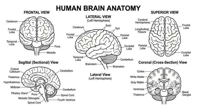 Human Brain Anatomy Diagram: Multiple Views, Labeled Sections