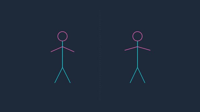 Minimalist stick figure animation: two characters waving and communicating in neon line style 4k line communication