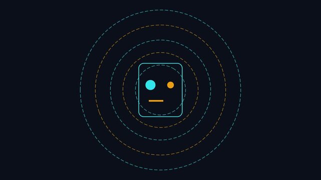Minimalist robot face animation with pulsing circular waves on dark 4k background, technology
