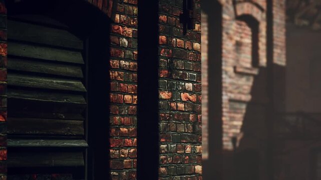 A street lamp stands next to a brick wall, casting shadows on the surface as the sun shines in the afternoon. The scene shows texture and depth from the bricks and light.