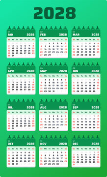 Complete 2028 yearly calendar presented in a fresh lagoon green layout. Modern vector illustration ideal for office planners and printable schedules.