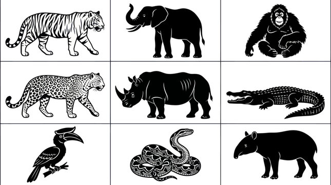 Flat monochrome vector illustration featuring 9 unique jungle animals arranged in a clean 3&times;3 grid, including tiger, elephant, orangutan, leopard, rhinoceros, crocodile, hornbill, python, and tapir