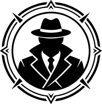 Detective Spy Compass Star Points Circle Badge Fedora Hat Bold Black Vector Emblem