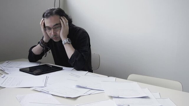 Stressed male teacher or office worker organizing documents and using a tablet at a desk, looking tired and overwhelmed