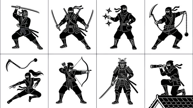 including katana master  dual blade fighter  shuriken specialist  kusarigama wielder  bow ninja  stealth assassin  female ninja  masked commander  and rooftop scout. Ultra-detailed flat design using 