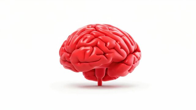 Human Brain Representation: A vivid, red, 3D rendered human brain, symbolizing thought, intelligence, and cognition, isolated on a white background.