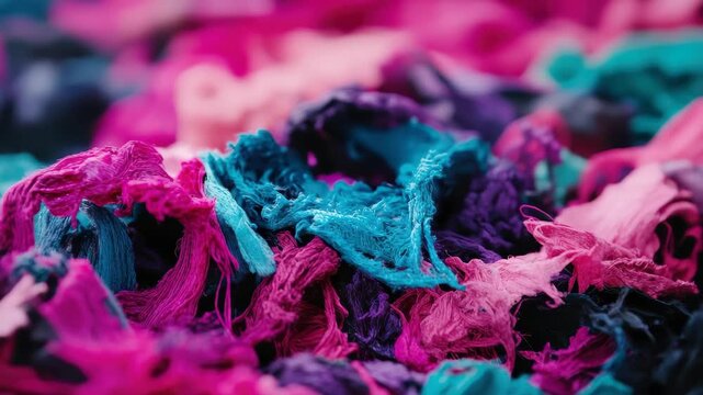 Vibrant Textile Abstract: A macro shot of tangled, colorful threads in shades of pink, blue, and purple creates a mesmerizing abstract pattern, hinting at the beauty of raw materials.