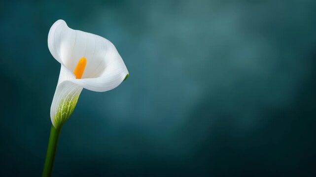 Elegant White Calla Lily: A single, pristine white calla lily with a vibrant yellow stamen stands tall against a softly blurred, deep blue-green background, exuding grace and purity.