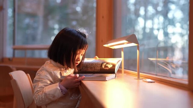 Soft light glows warmly over a quiet reading scene. Child with short dark hair leans over an open book. Focused gaze suggests deep engagement with the page. Warm lamp illuminates a calm