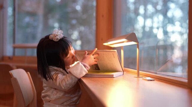Soft light warms a child's focused reading. Child's hands turn pages with gentle care. Window shows quiet, snowy outside. Warm glow hugs the quiet study moment