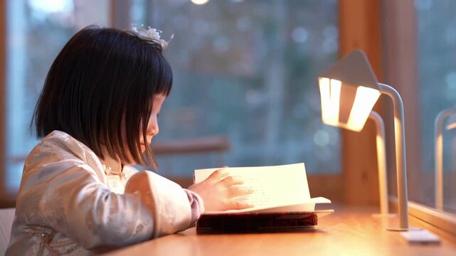 Soft light warms the child's focused face. Her fingers gently turn a book's page. The lamp casts warm glow on her reading. She's absorbed, calm, and quiet. Ideal for themes of learning, focus