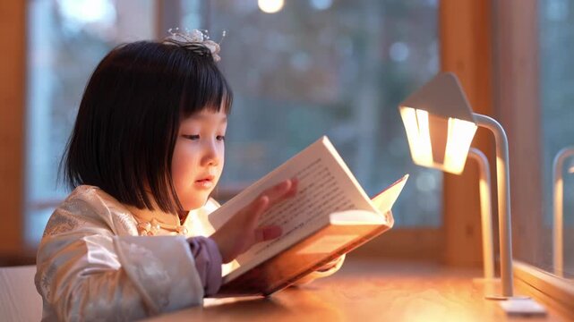 Soft light warms the room. Child reads quietly, eyes focused. Hands gently turn pages. Warm glow from lamp shines down. Cozy atmosphere, peaceful moment. Perfect for quiet study or bedtime scenes