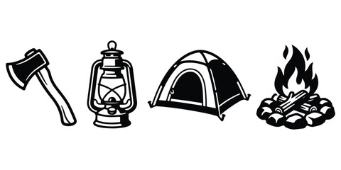 Camping icons with axe, lantern, tent and campfire © MDANISUR