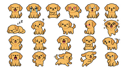Fototapeta premium Adorable cartoon golden retriever puppies expressing various emotions and actions.