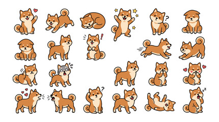 Fototapeta premium Adorable Shiba Inu Dog Cartoon Characters in Various Poses and Expressions.