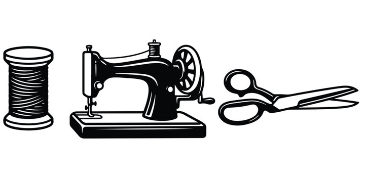 Sewing machine with spool of thread and scissors