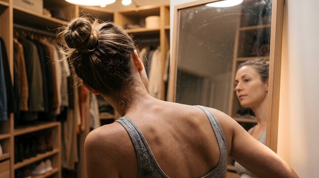 Adult female looking at bare back in large closet mirror representing authentic human skin condition and body positivity.