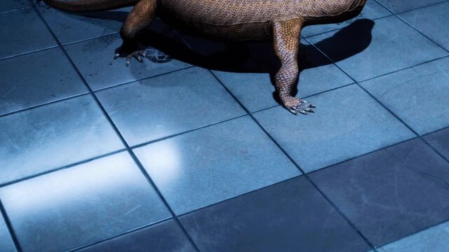 A monitor lizard moves across a tiled floor in a bright room as the sun sets. The light reflects off the tiles, creating a vivid scene of the lizard in its environment.