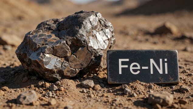 Large rock word fe-ni written white capital letters appears made shiny metallic material small irregularly sha