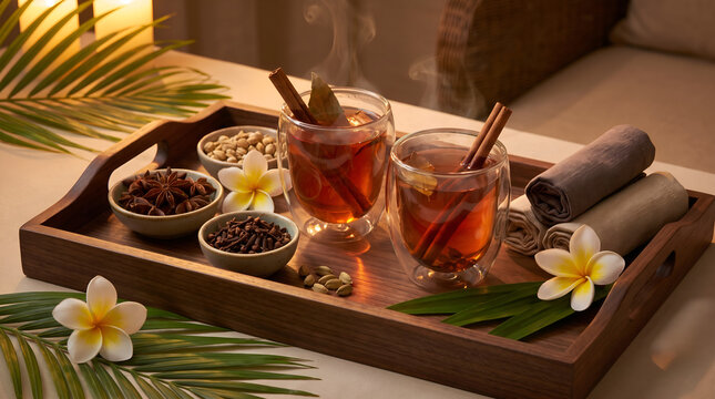 Elegant Wedang Uwuh presentation for luxury wellness resorts, spa branding, hospitality marketing, tourism promotion, and premium beverage advertising.