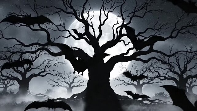 A dark forest scene with silhouettes of trees and flying bats