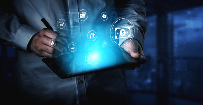 A fintech concept showing a network of digital banking services. This includes secure online payments, global transactions, and e-commerce for the modern financial system. Fermion