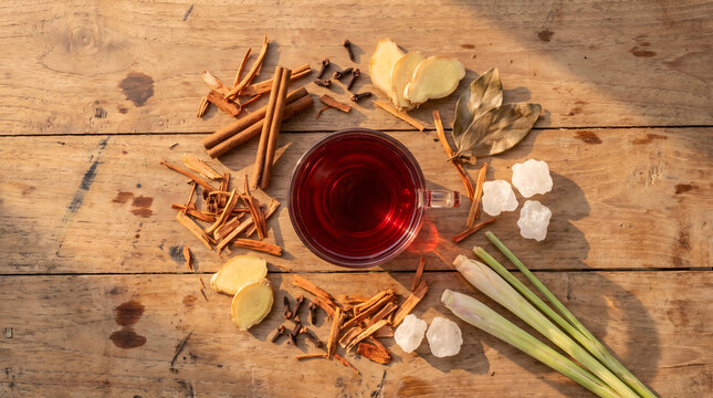 Authentic Wedang Uwuh with traditional spices in an overhead composition, ideal for wellness branding, tourism campaigns, hospitality marketing, and beverage advertising.