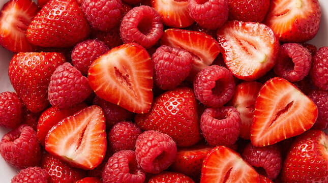 Fresh Strawberries and Raspberries Close Up as Vibrant Red Berry Background 