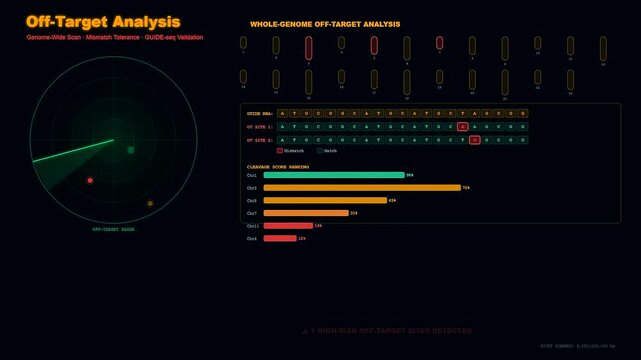 A sophisticated digital interface visualizes CRISPR Gene Therapy off target analysis while a rotating radar scanner identifies mutations across chromosomes in a high tech simulation.