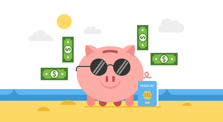 Vacation Fund Piggy Bank: A cool piggy bank wearing sunglasses stands on a beach next to a passport, surrounded by floating dollar bills under a bright sun. Represents saving for a dream vacation. © Duran