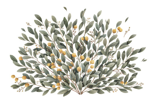 Watercolor of a dense green bush with small yellow flowers and rounded leaves arranged in a rounded natural shrub composition isolated on a transparent background