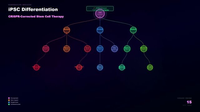 This medical animation showcases advanced CRISPR Gene Therapy through a dynamic tree diagram demonstrating the complex differentiation process of induced pluripotent stem cells in laboratory settings.