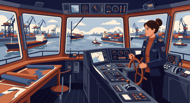 Captain's Command Center: A female captain confidently steers a vessel from the bridge, overlooking a bustling harbor filled with cargo ships and cranes.