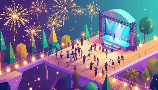 Isometric illustration of a joyful festival crowd celebrating under bright golden fireworks near a glowing mainstage decorated with string lights and pine trees