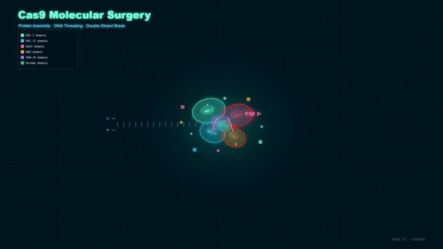 This scientific animation illustrates how CRISPR Gene Therapy utilizes Cas9 enzymes to perform molecular surgery by assembling protein domains and creating precise double strand breaks.