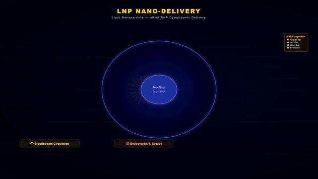 This medical animation illustrates the advanced CRISPR gene therapy process showing lipid nanoparticles traveling through the bloodstream to deliver genetic material into a human cell nucleus.