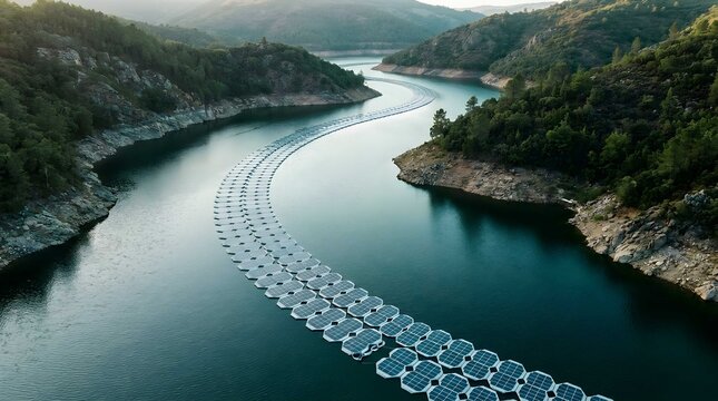 Aerial view of a serene lake with a long floating solar panel array surrounded by lush green mountains and trees.