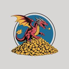 Red dragon sitting on gold coins. © mystic