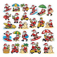 Fototapeta premium Cheerful Summer Santa Collection Featuring Beach Vacation Holiday Activities