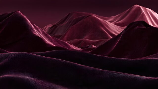 Abstract undulating landscape of deep purple and maroon velvet-like hills with soft lighting and shadows, creating a mysterious and elegant texture.