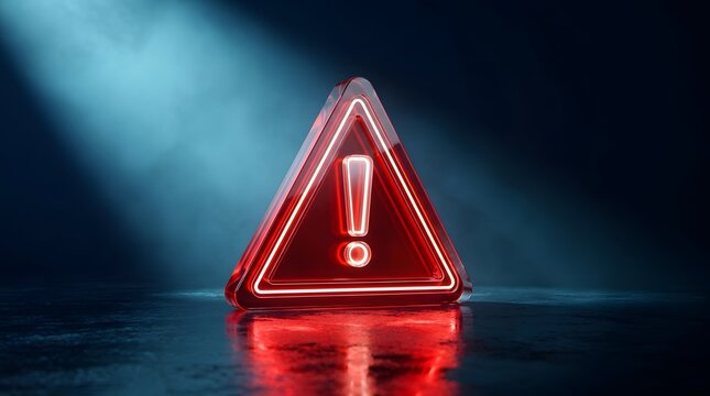 Glowing neon red warning triangle sign with exclamation mark on a dark wet reflective surface representing futuristic cyber security danger or system error alert