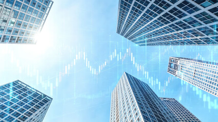 A low-angle shot of modern skyscrapers with overlaid financial candlestick charts representing market data and business trends. © tai