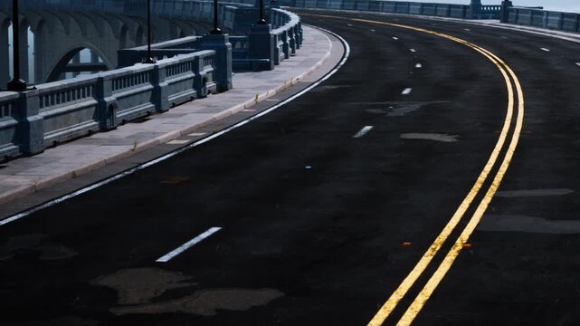 The scene shows a curved road with yellow lines. Street lamps line the sides. The road appears clean and well maintained. Nearby buildings can be seen in the background under a clear sky.